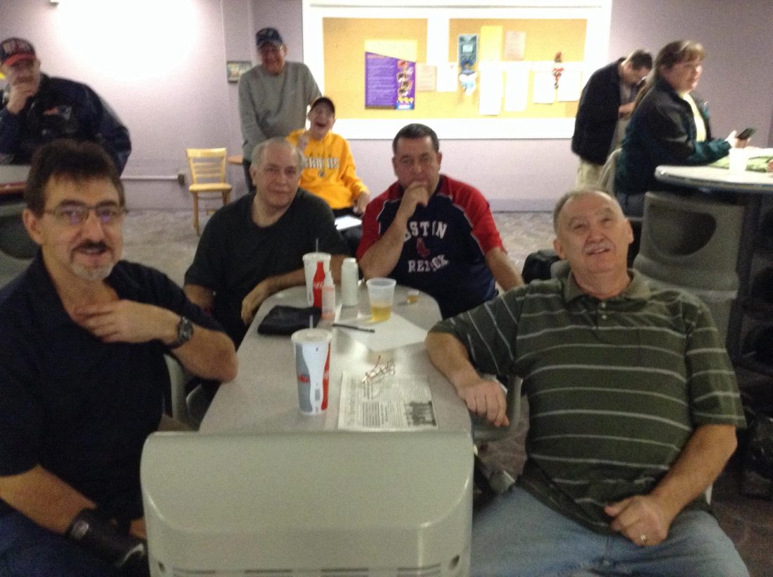 2013-14 Coke league first third champions, "Travis" (L-R: Sam Kamel, Bob Hamilton, Steve Travers, Dan Robinson). The guy "photobombing" in the back should be familiar to Westgate Lanes bowlers, as well: Chris Berkey (that's his father Ron behind him).