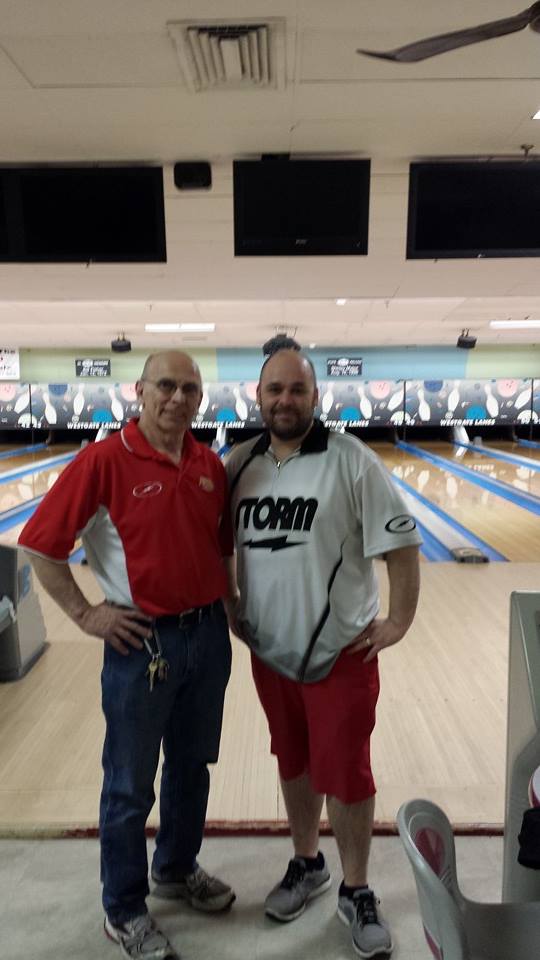 Ed Roberts (L) and Alex Aguiar (R) after their 600 doubles game on Apr. 6 at Westgate Lanes