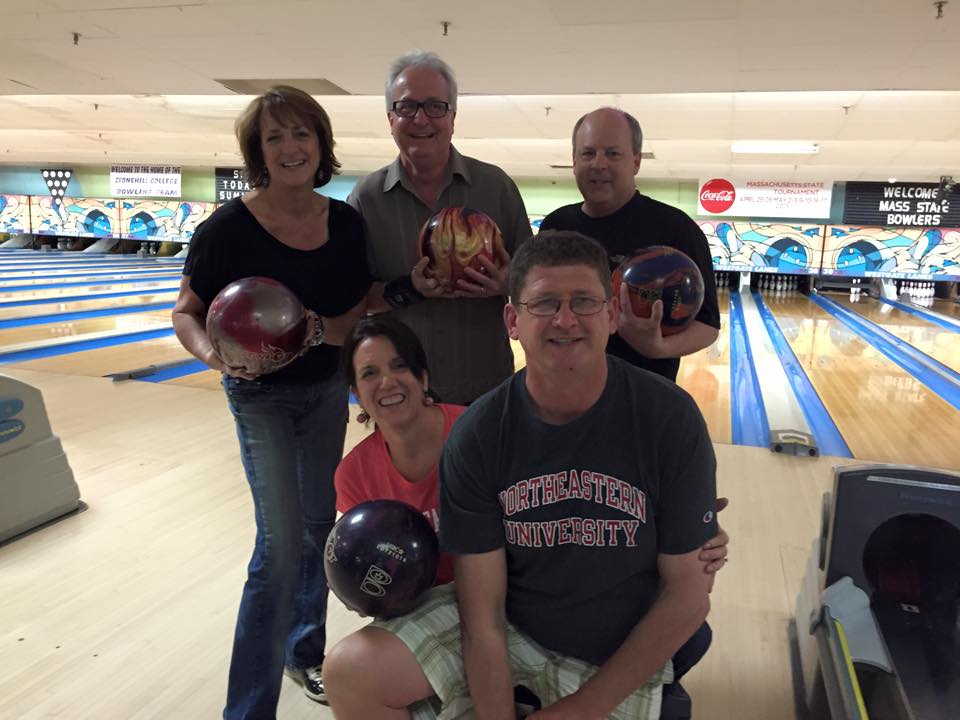 2014-15 Brunswick Mixed league champions, Bowling Stones (Front, L-R: Ellie Painter, Warren Painter; Rear, L-R: Lisa Frisbie, Alex Frisbie, Peter Cappola)